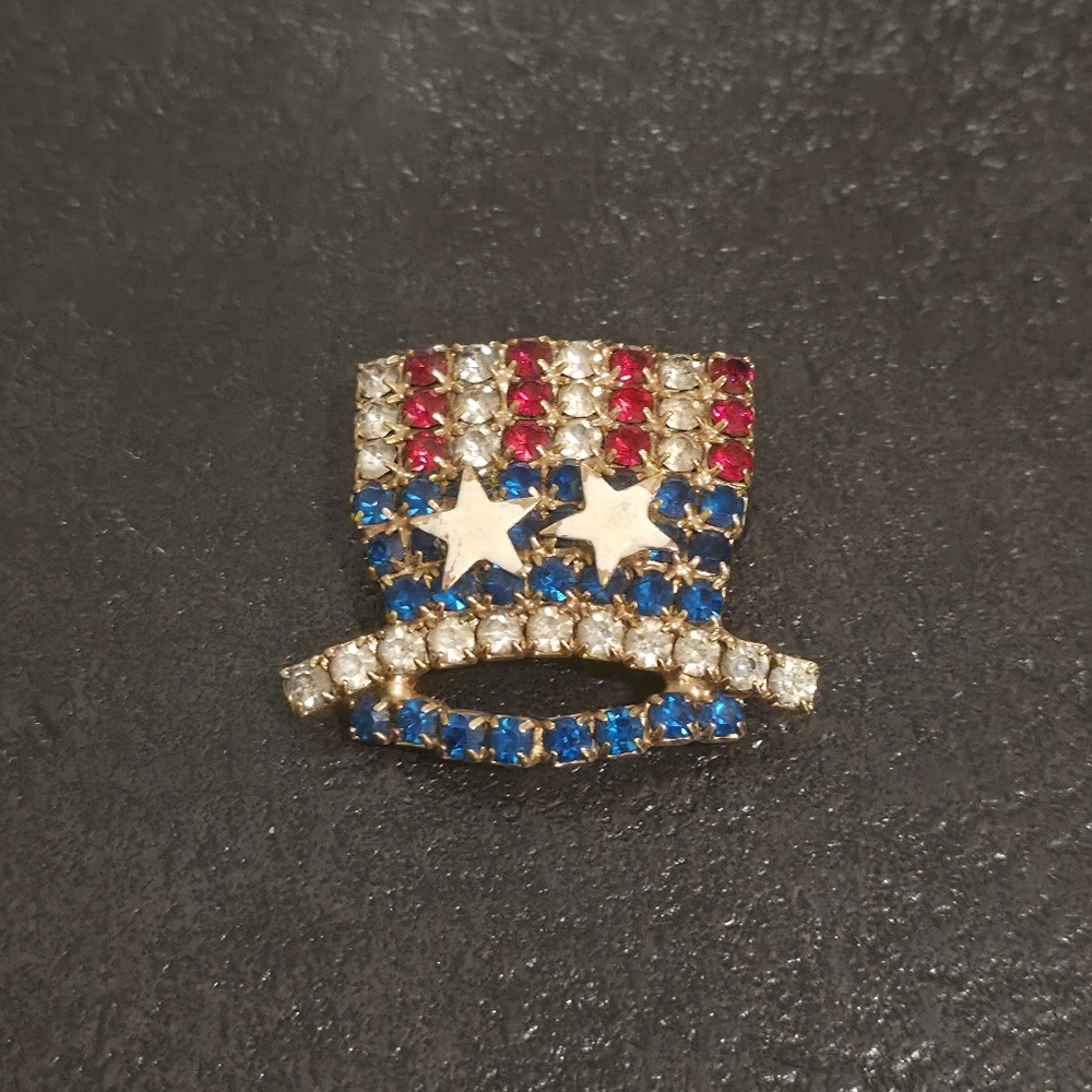 Vintage Uncle Sam Rhinestone Hat Patriotic Brooch Pin Stars WWII Sweetheart